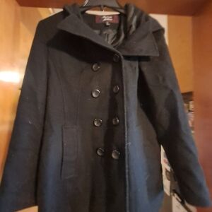 Elegant Black Double-Breasted Pea Coat Women's Medium.